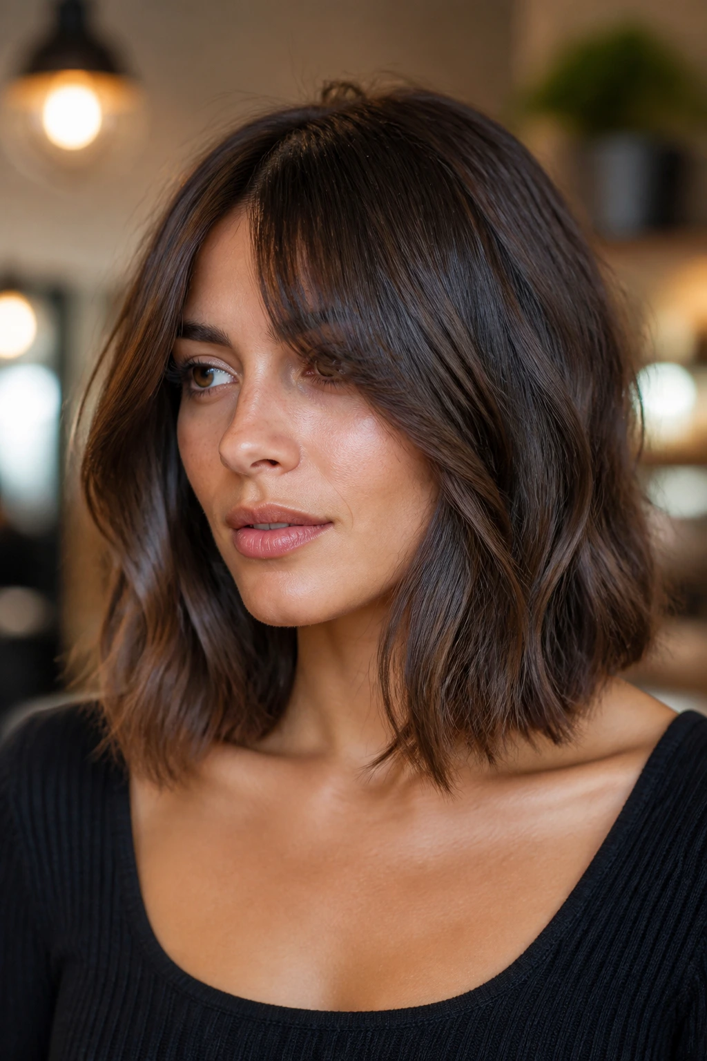 Portrait of a woman with collarbone-length lob and curtain bangs, soft bend in mid-lengths