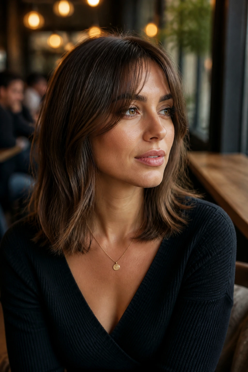 Three-quarter portrait of woman with collarbone lob and curtain bangs