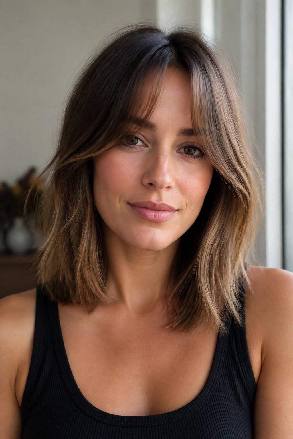 Portrait of a woman with collarbone-length lob and soft curtain bangs in natural light