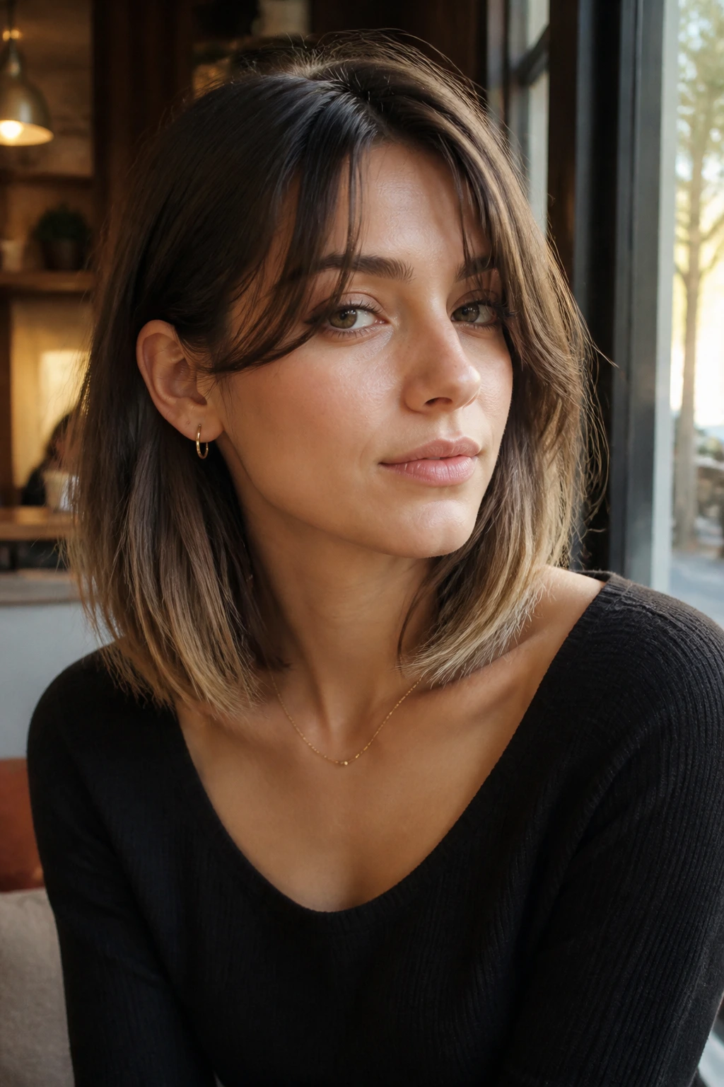 Portrait of a person with a collarbone-length lob and curtain bangs.
