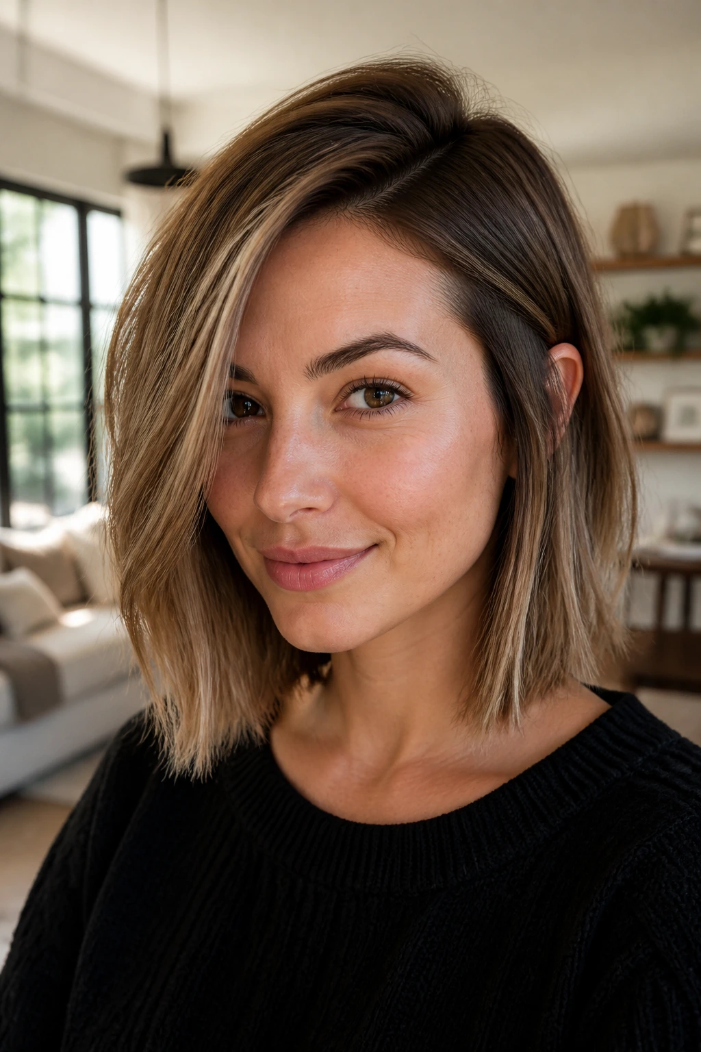Real woman with collarbone-length lob and deep side part