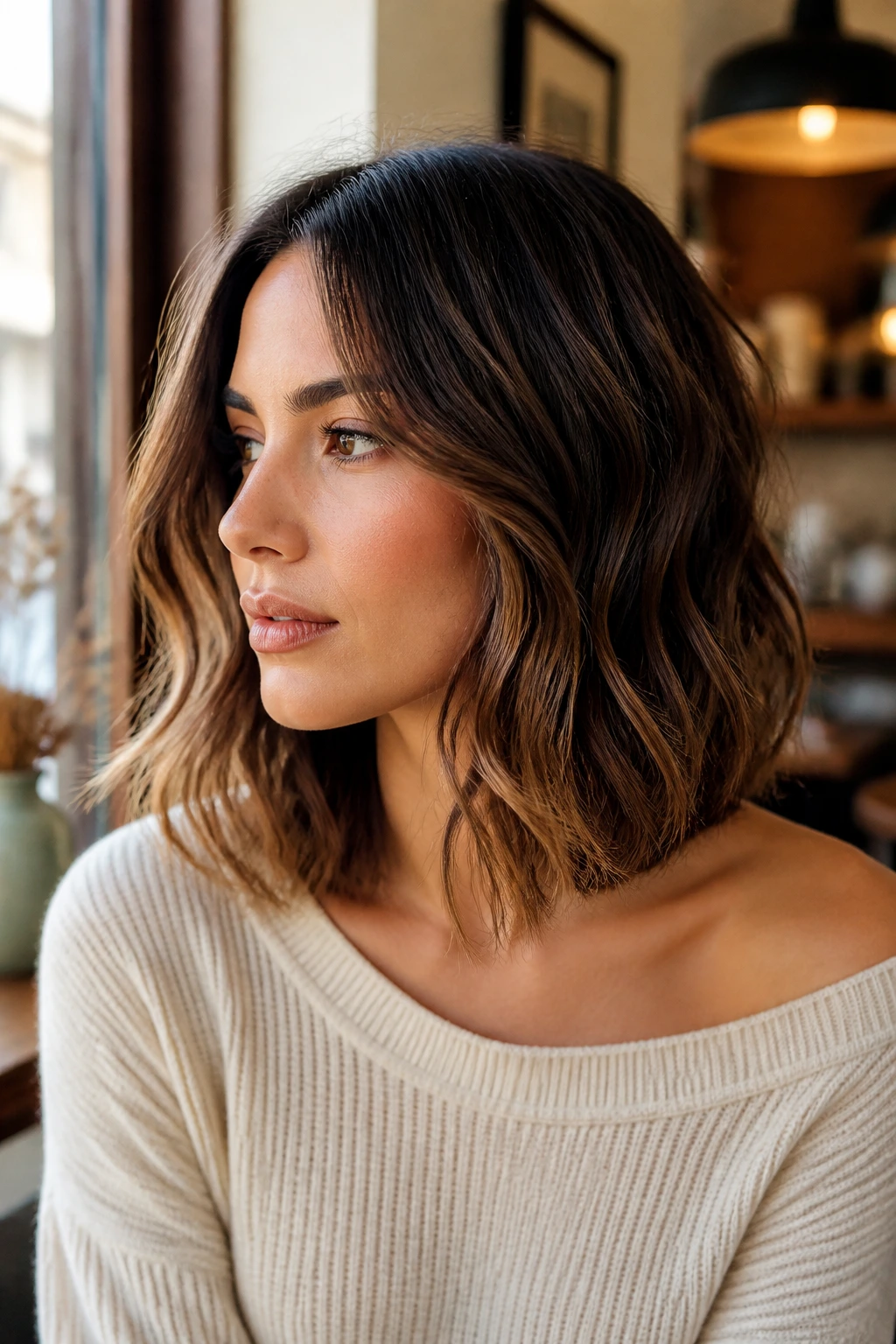 Close-up of collarbone-length lob with loose ends on real person