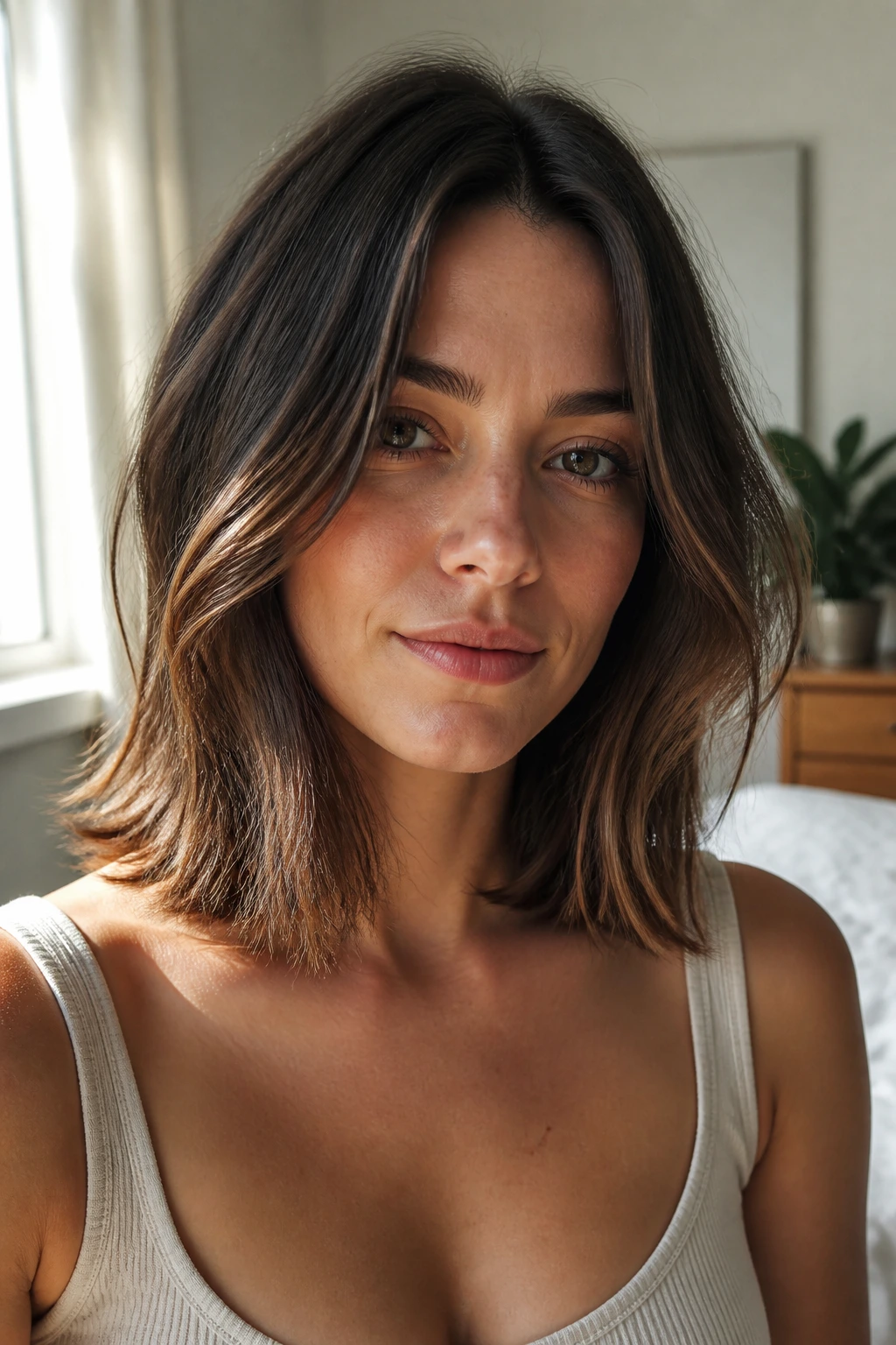 Portrait of a real person with a collarbone-length lob and soft ends