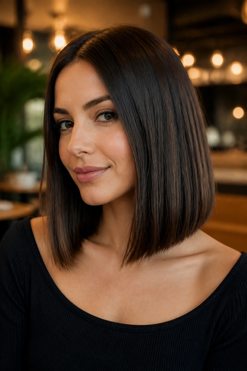 Woman with blunt collarbone lob and integrated extensions in warm cafe light