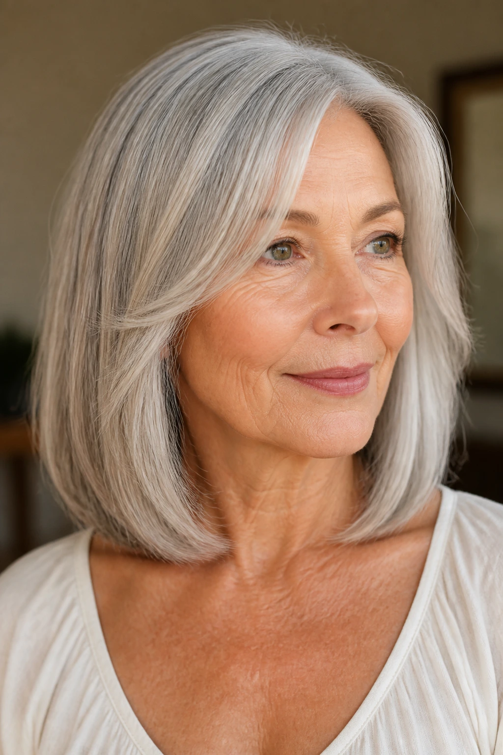 Close-up of a woman with a collarbone-length lob and face-framing pieces