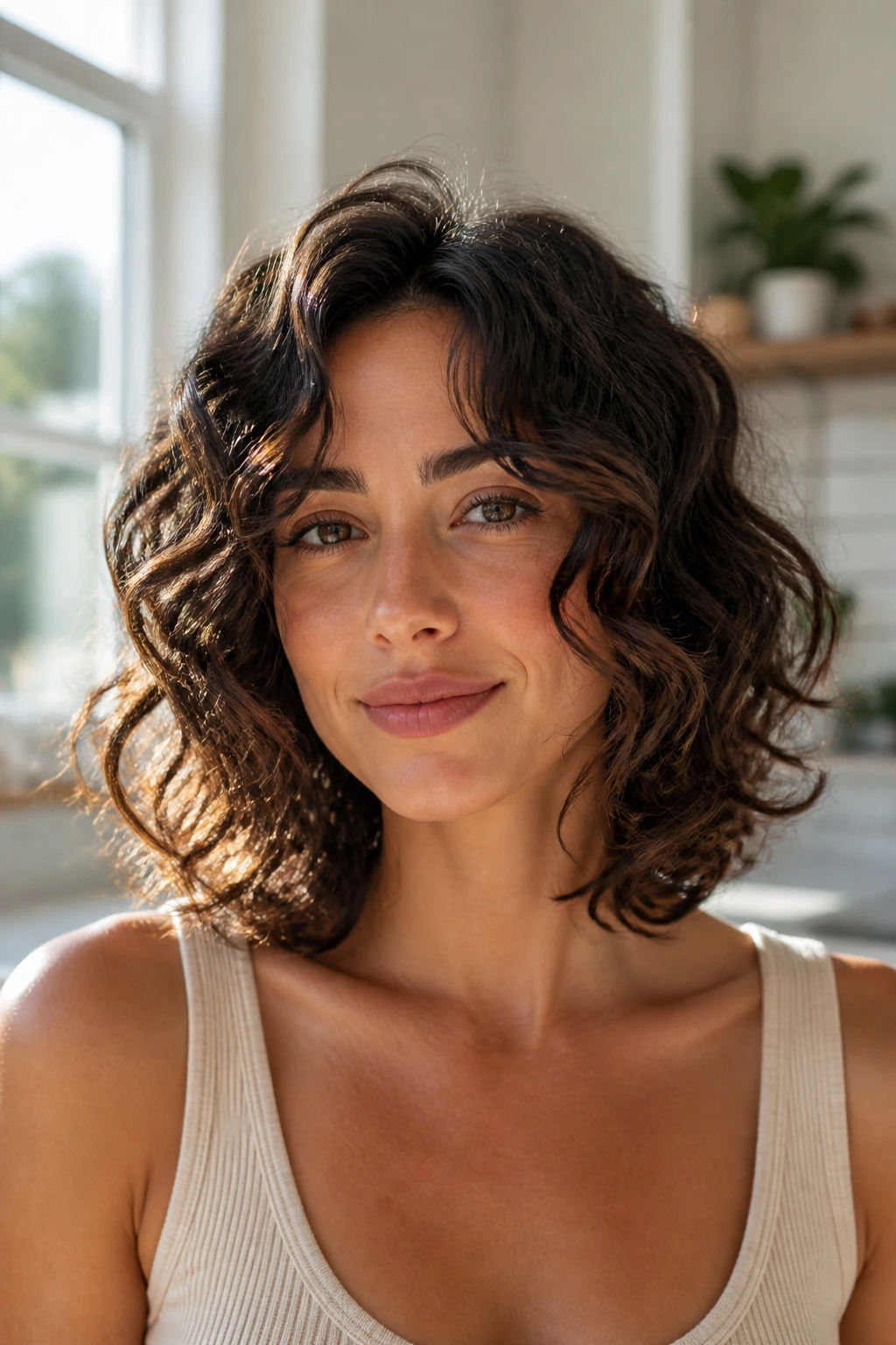 Close-up of a woman with collarbone-length lob and face-framing curls