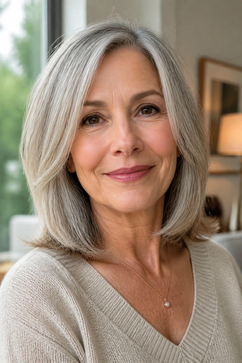 Close-up portrait of a woman with collarbone-length lob in natural light