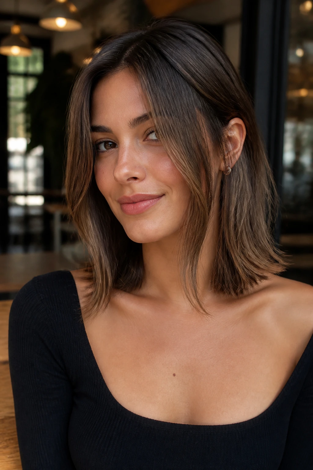 Close-up portrait of a real woman with a collarbone-length lob and face-framing pieces
