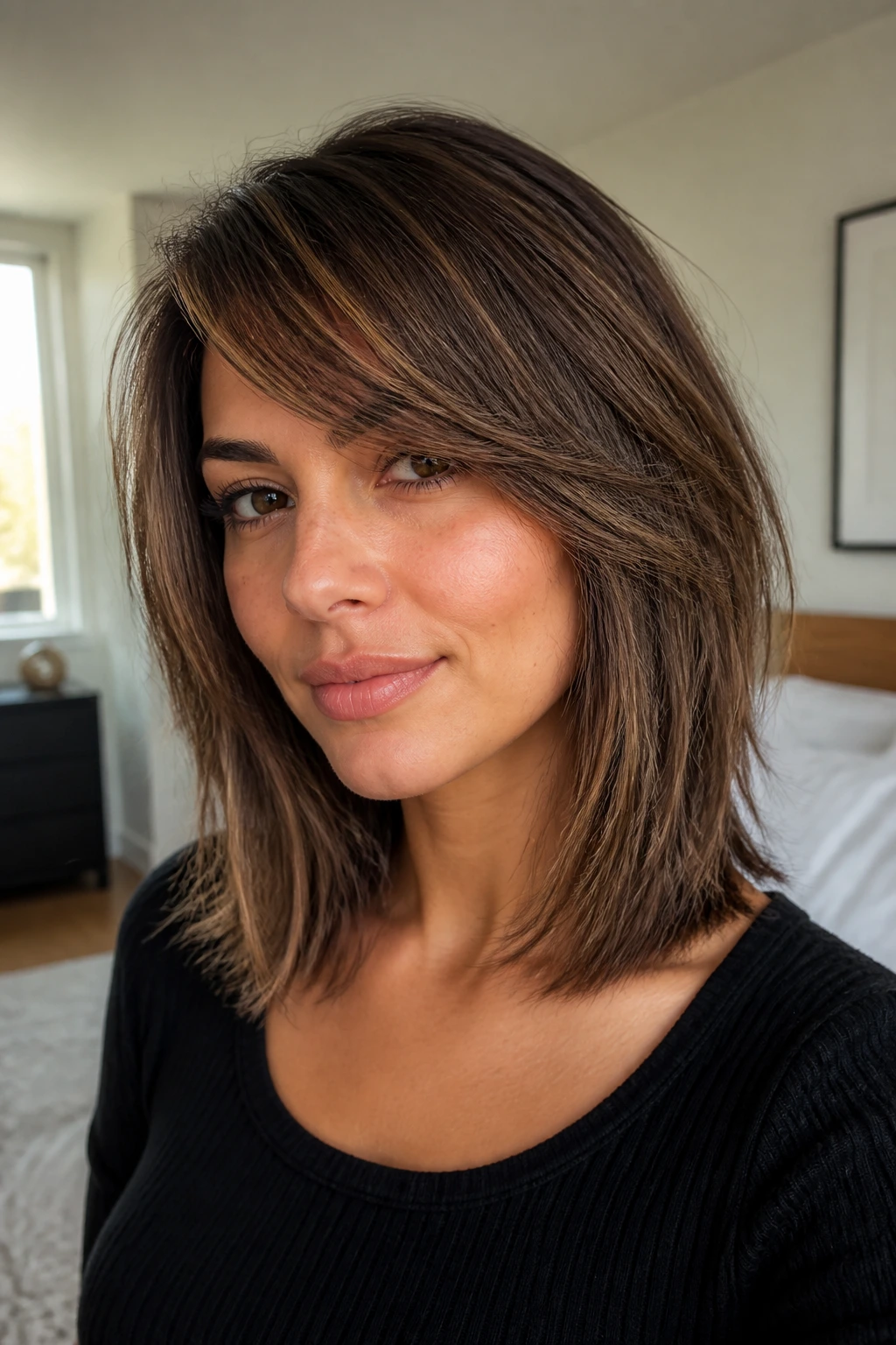 Close-up of collarbone-length lob with feathered side bangs on a real person