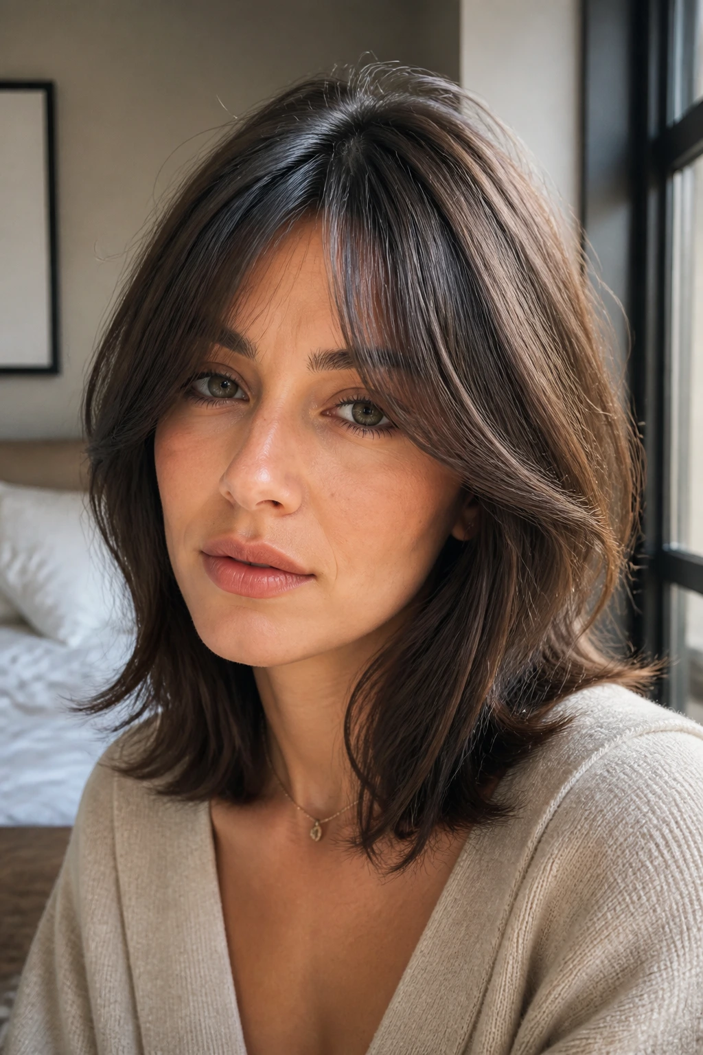 Real woman with a collarbone-length lob and feathered center-part bangs