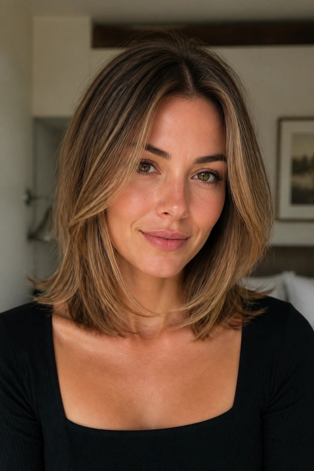 Close-up portrait of a real woman with collarbone-length lob and feathered framing