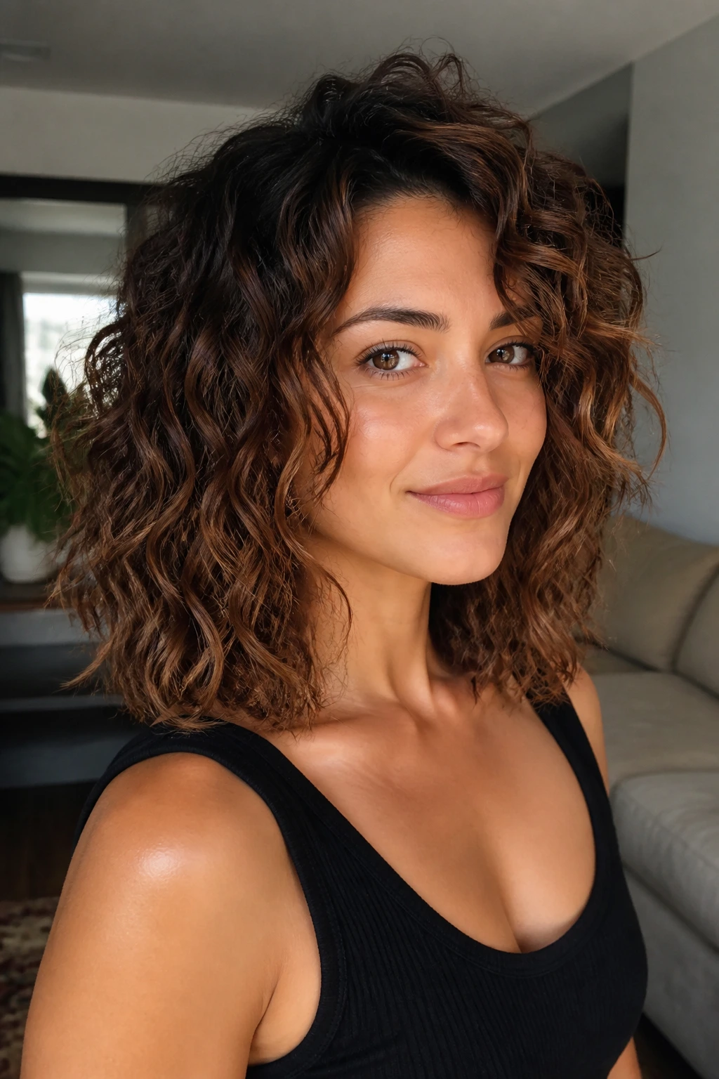 Real woman portrait with collarbone-length lob and frayed ends