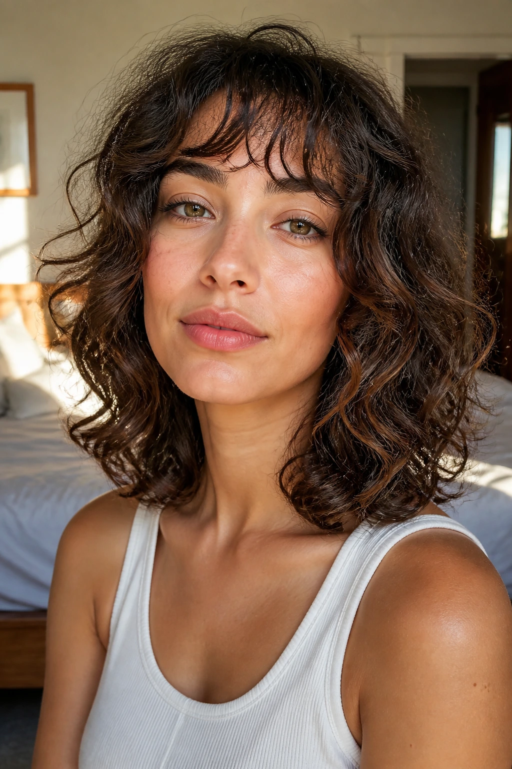 Close-up of a real woman with collarbone-length curls and airy brow-grazing fringe in sunlit room