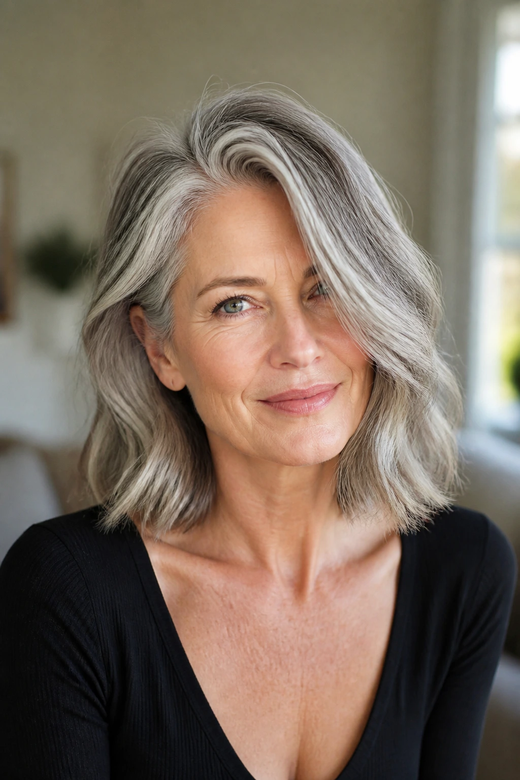 Portrait of a real woman with collarbone-length lob and deep side part.