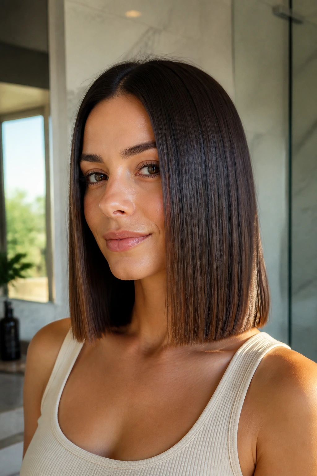 Portrait of a real woman with blunt collarbone lob showing a straight-across collarbone line