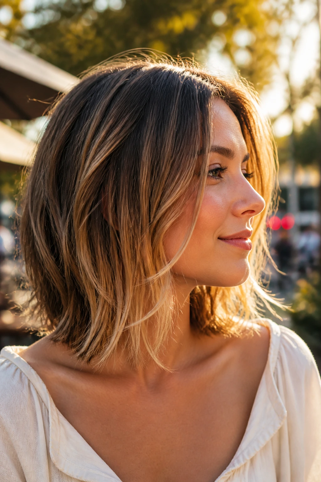 Profile view of a woman with collarbone-grazing razor lob in sunlight