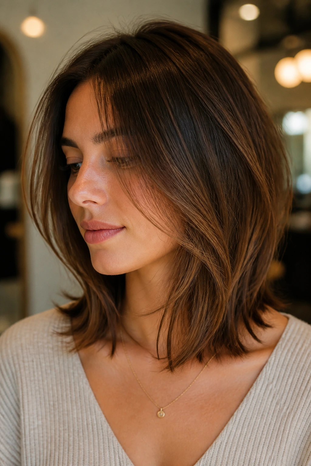 Close-up of a real woman with collarbone-length lob and soft interior layers