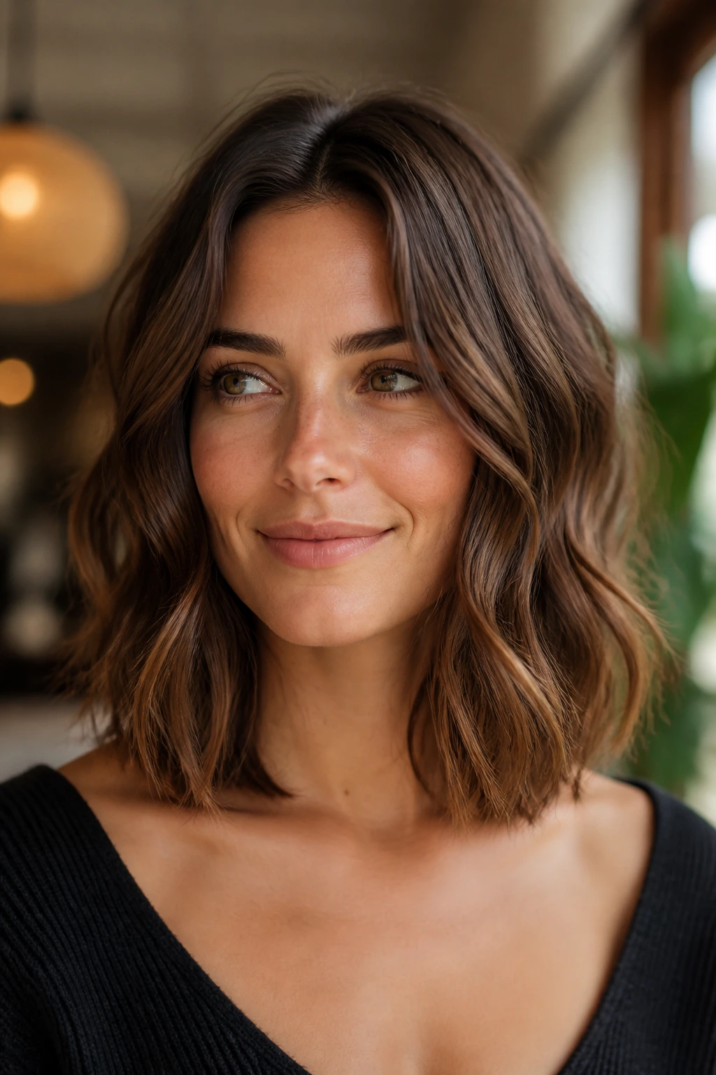Real person with collarbone-length lob and hidden internal layers in warm light
