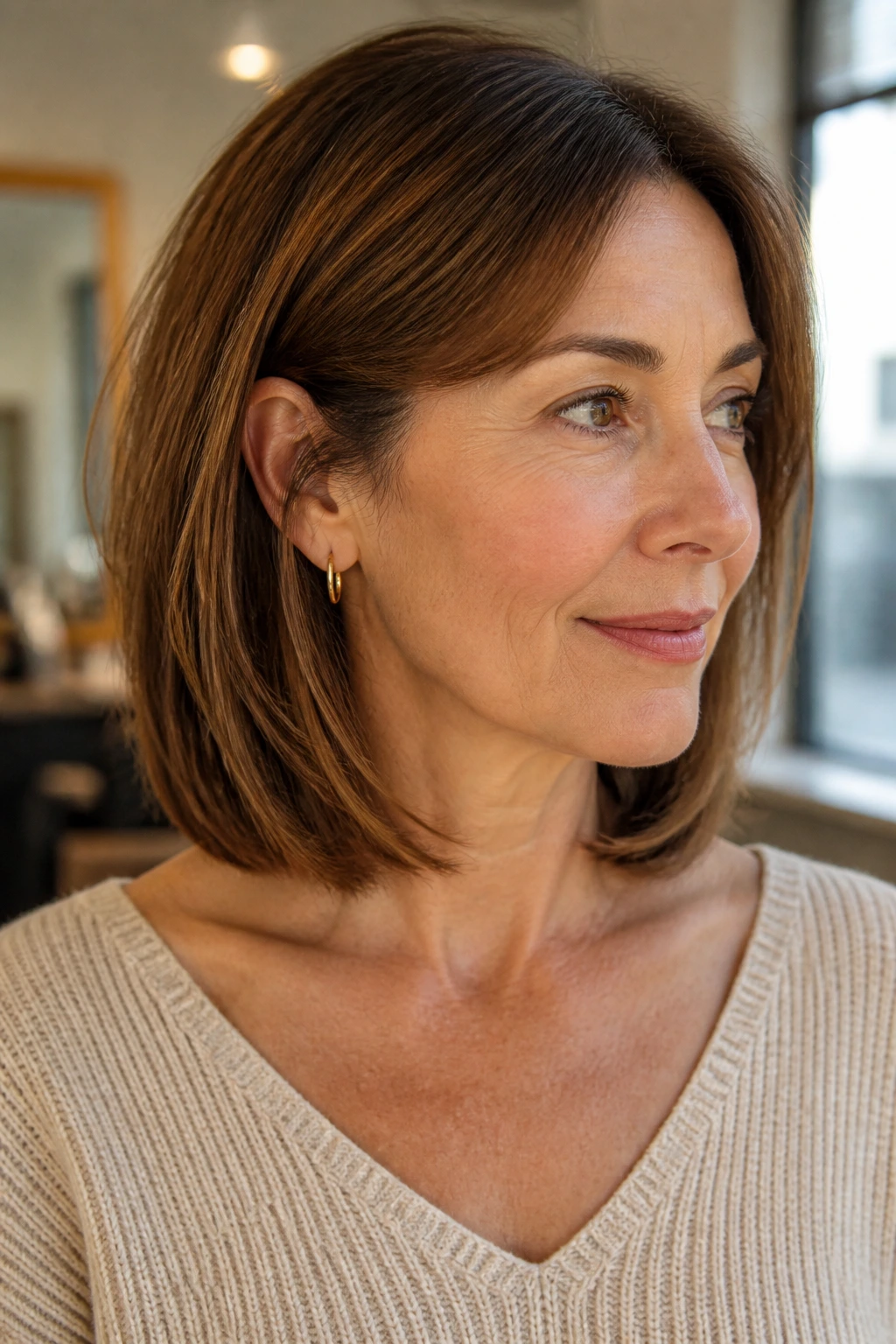 Close-up of collarbone-length lob with soft internal layers on a real woman.