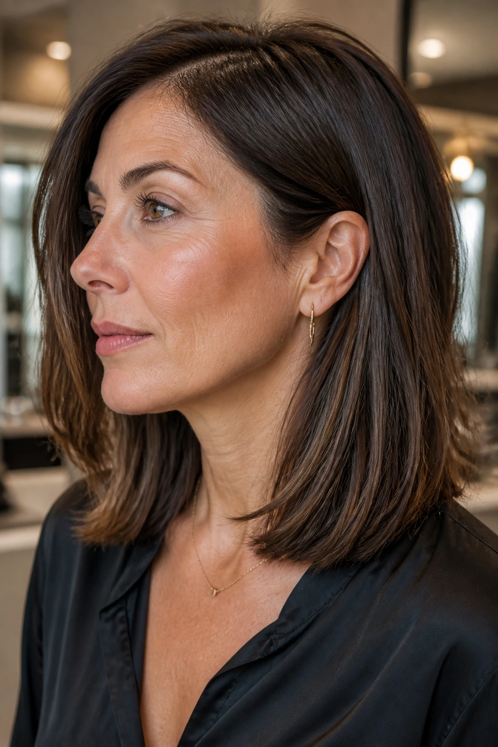 Close-up portrait of a real woman with collarbone-length lob and invisible layers.