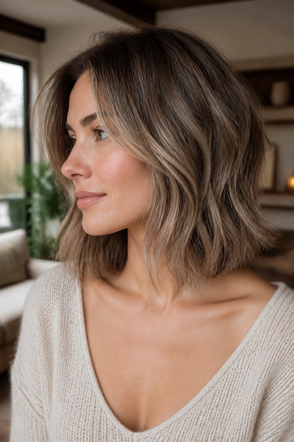 Close-up of Collarbone Lob hairstyle on a real person with soft collarbone-length layers