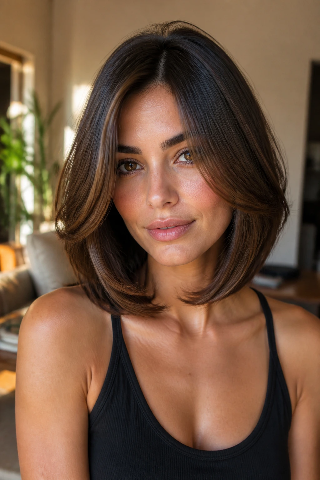 Real person with collarbone-length curve lob in a cozy living room