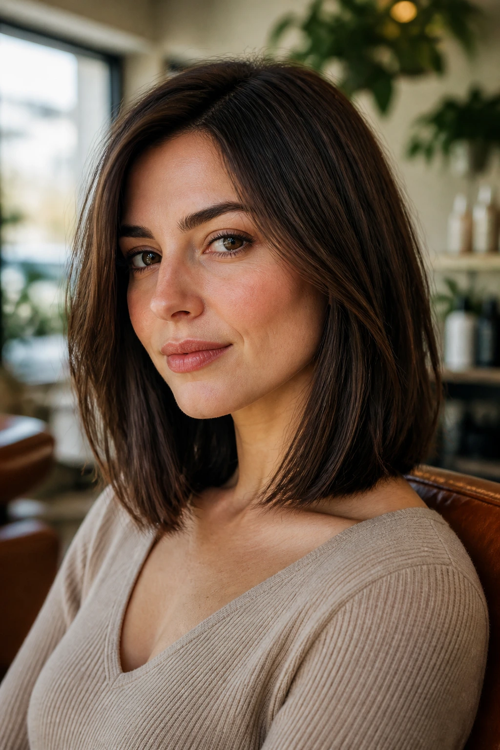 Portrait of a woman with a collarbone-length blunt lob and subtle bend.