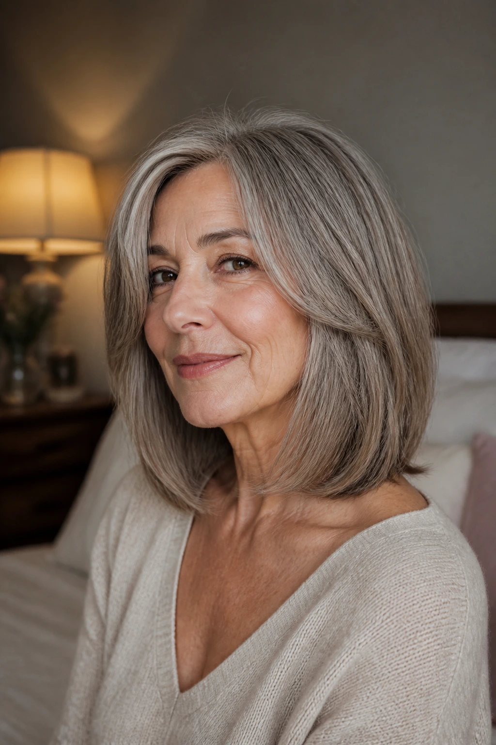 Real woman with collarbone-length lob and hidden layers in warm indoor lighting