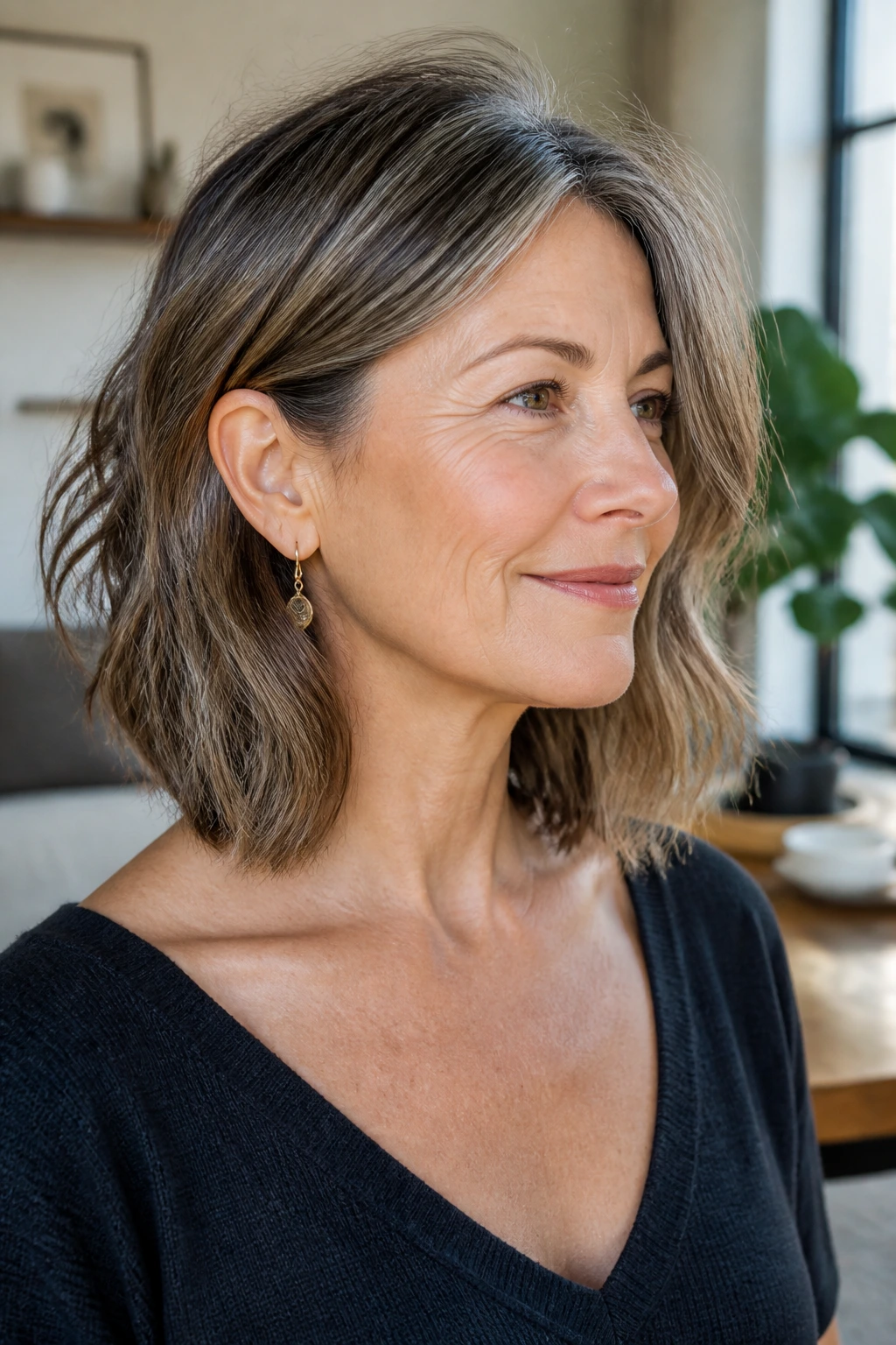 Close-up of a woman with a collarbone-length lob with hidden layers