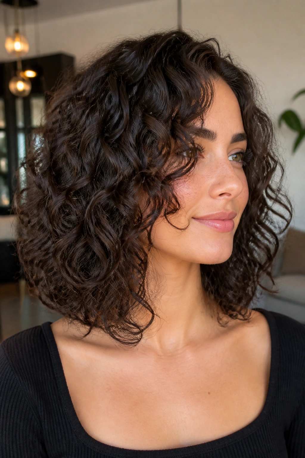 Close-up of a real person with a collarbone-length lob and hidden weight removal