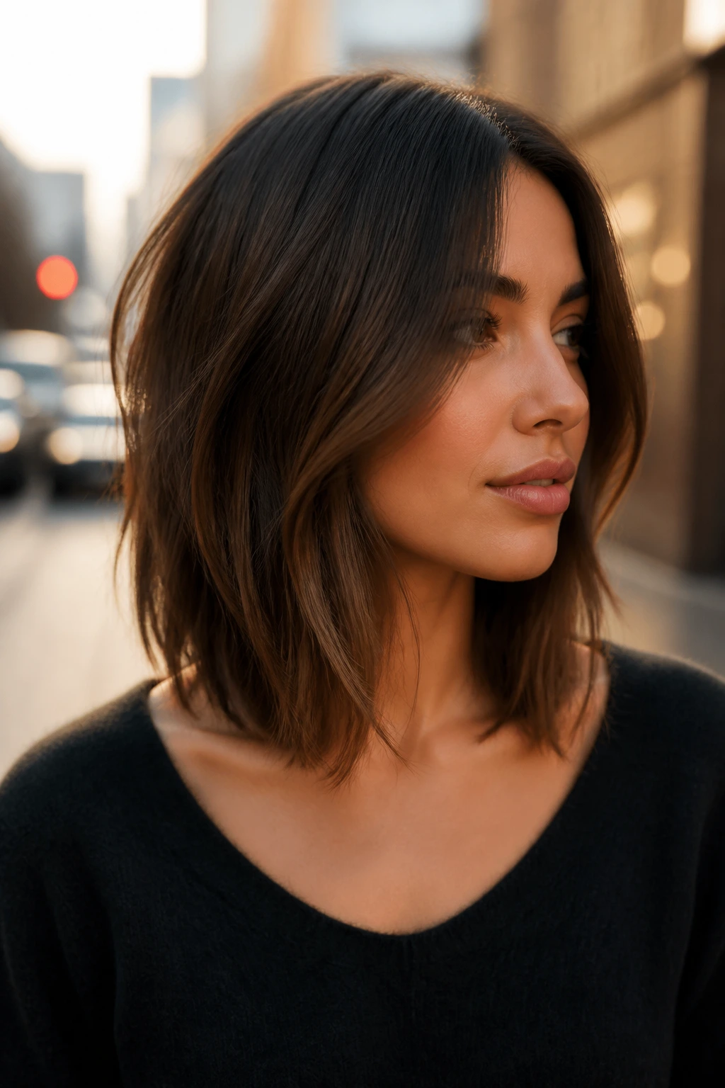 Close-up of collarbone-length lob with internal layers on a real person.
