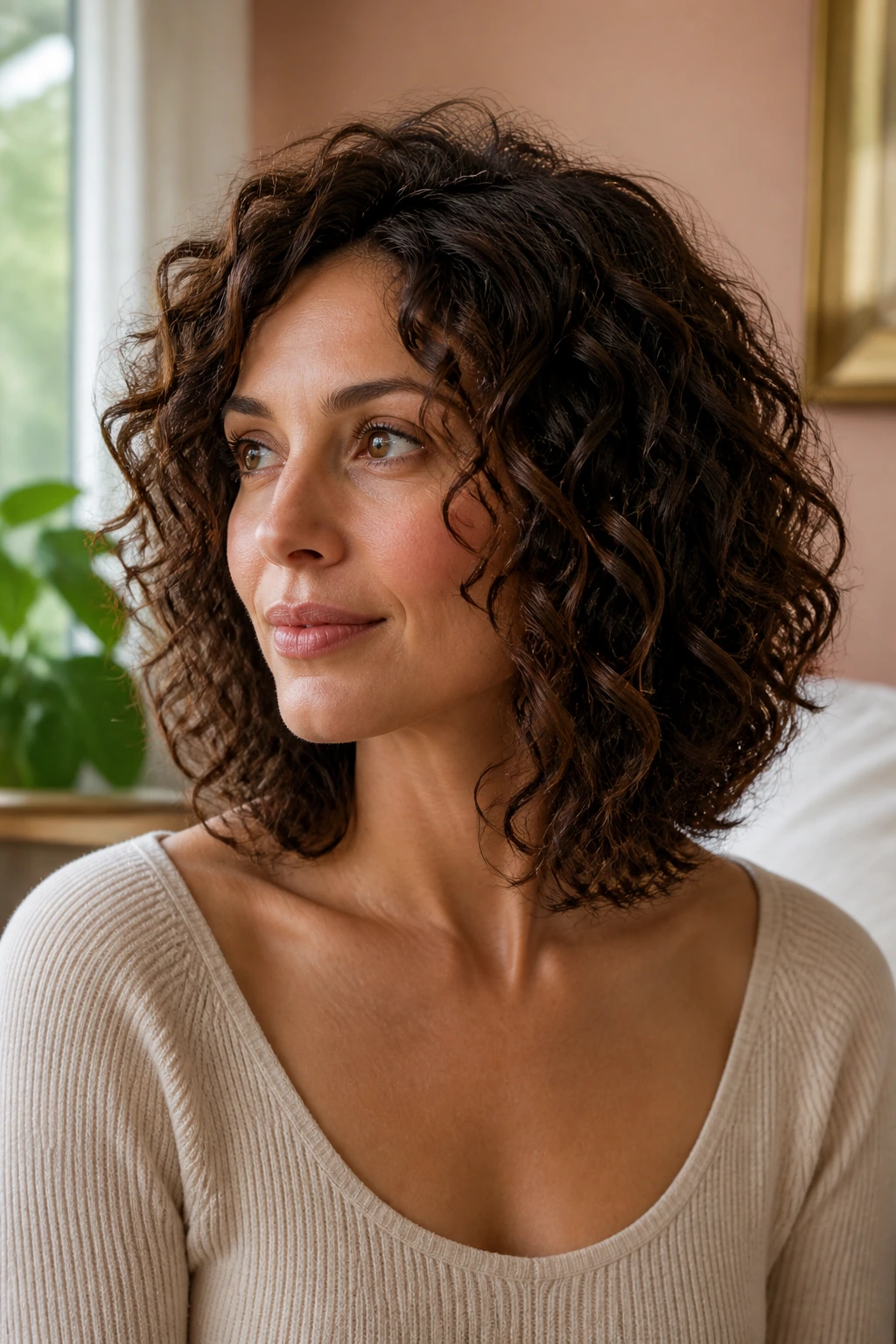 Portrait of a real woman with collarbone-length lob and internal layers