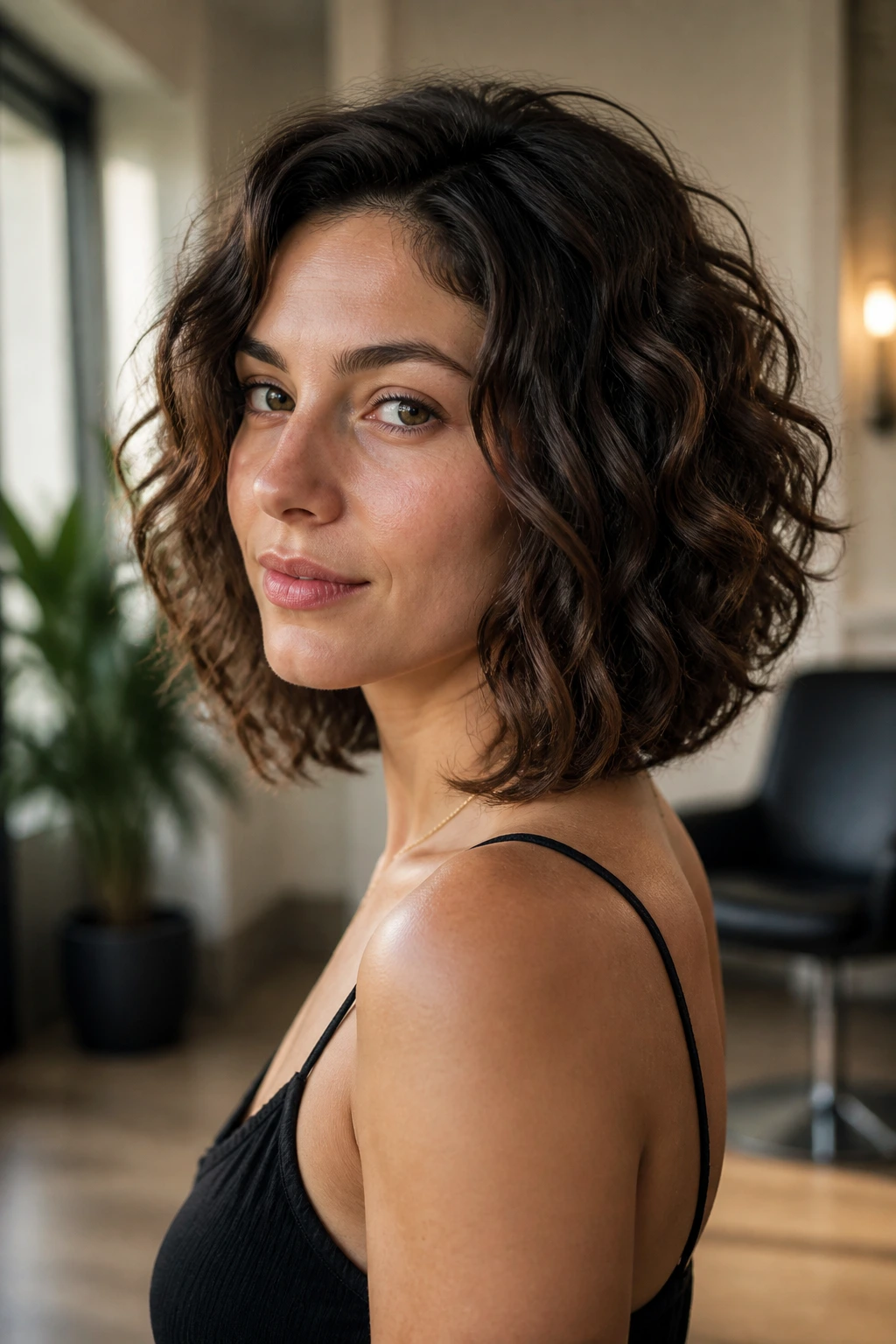 Medium close-up of a real woman with collarbone-length lob and internal layers under soft daylight