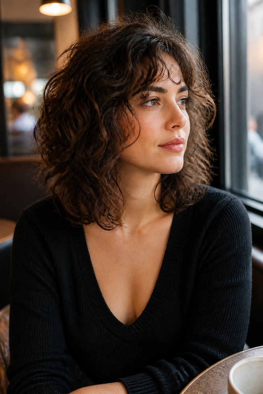 Portrait of a real person with collarbone-length lob and noticeable internal layering for lift.
