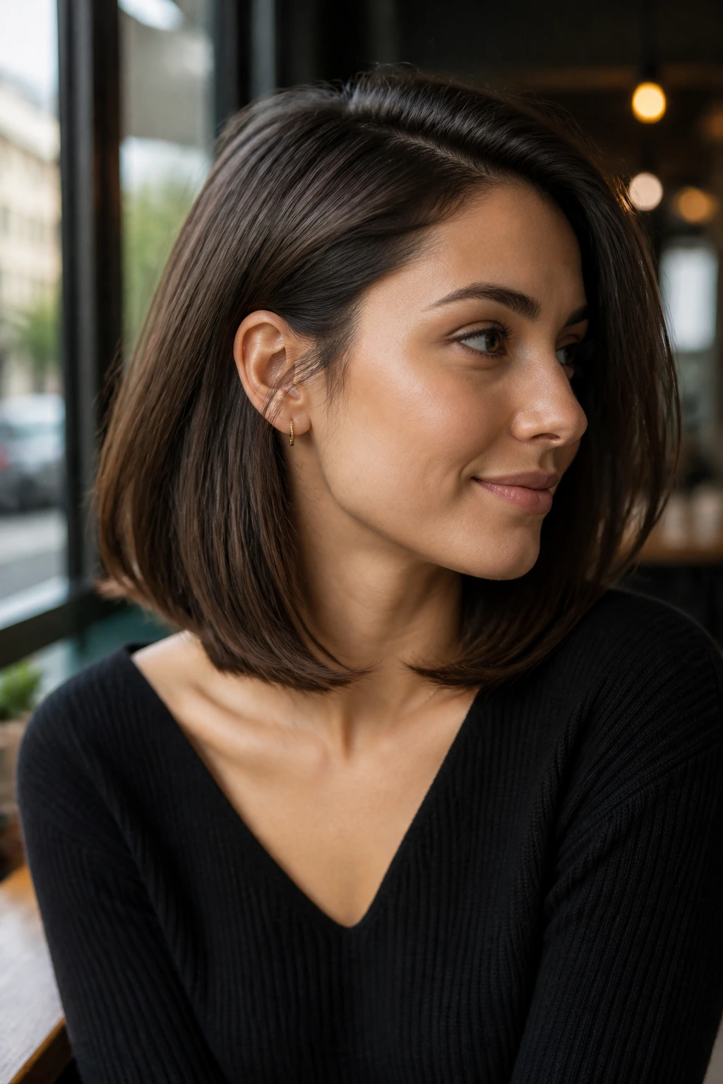 Real woman with collarbone lob and internal layers in warm daylight
