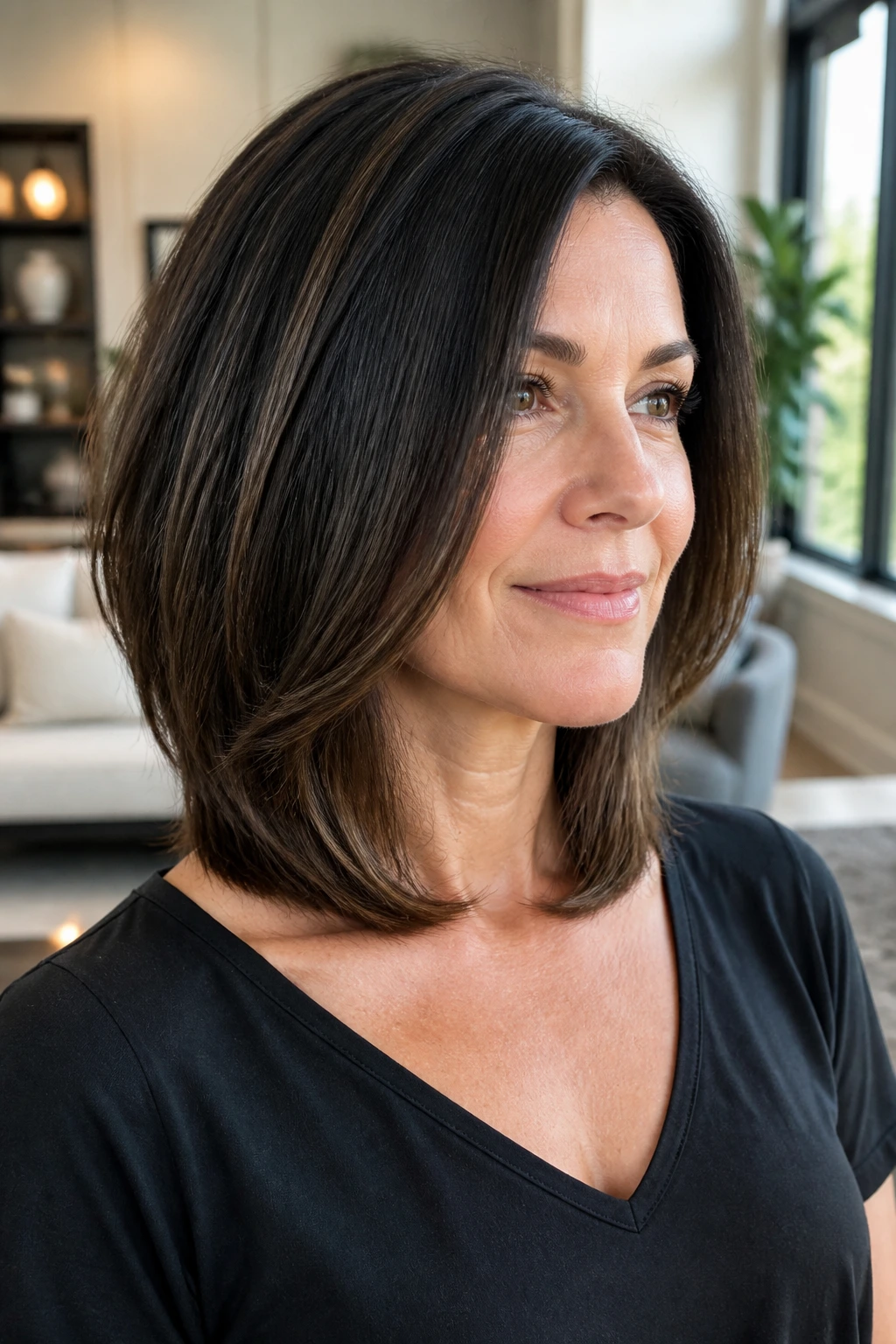 Close-up of a real woman with collarbone lob internal layers thick hair
