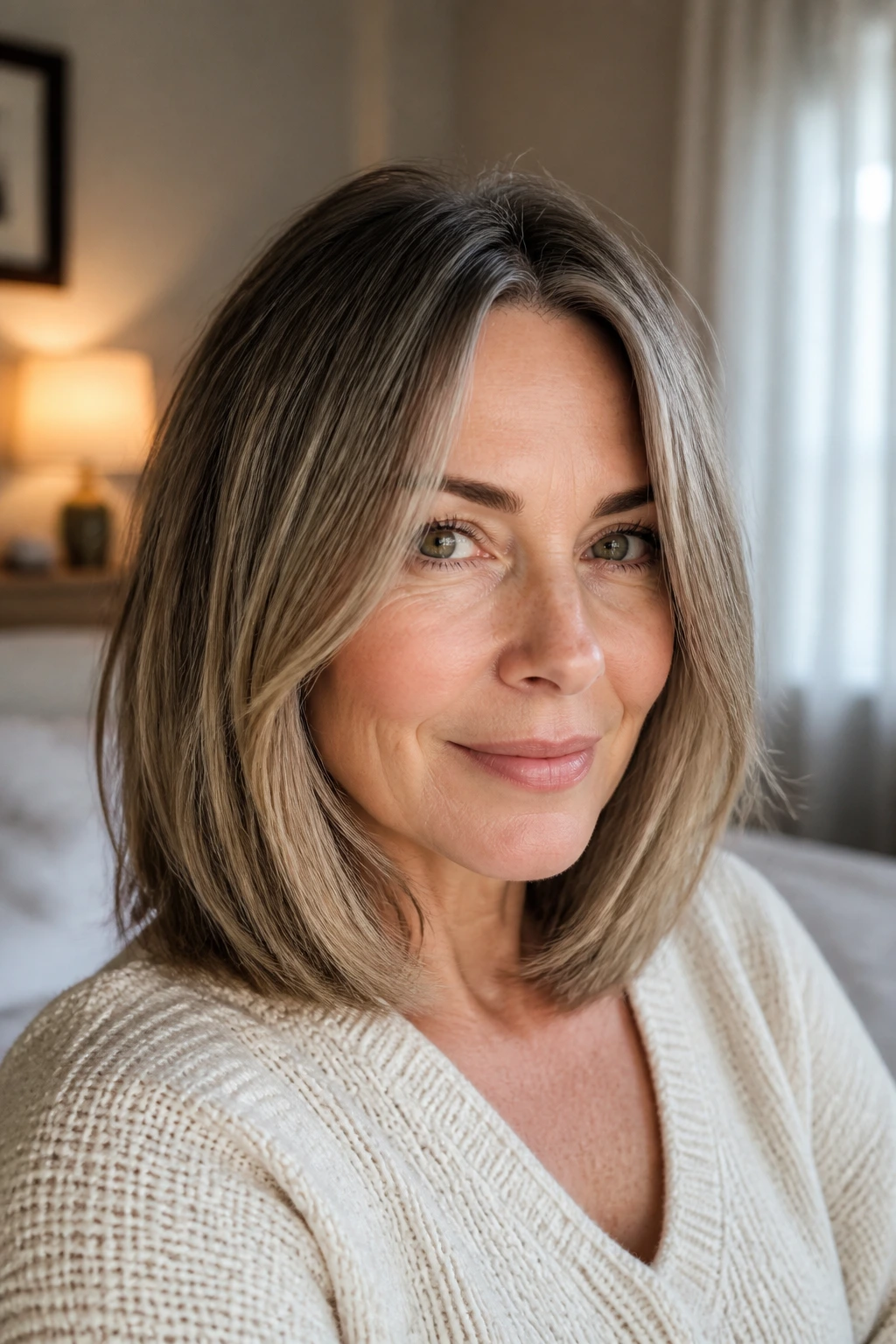 Close-up portrait of a real woman with a collarbone-length lob with internal layers, soft window light