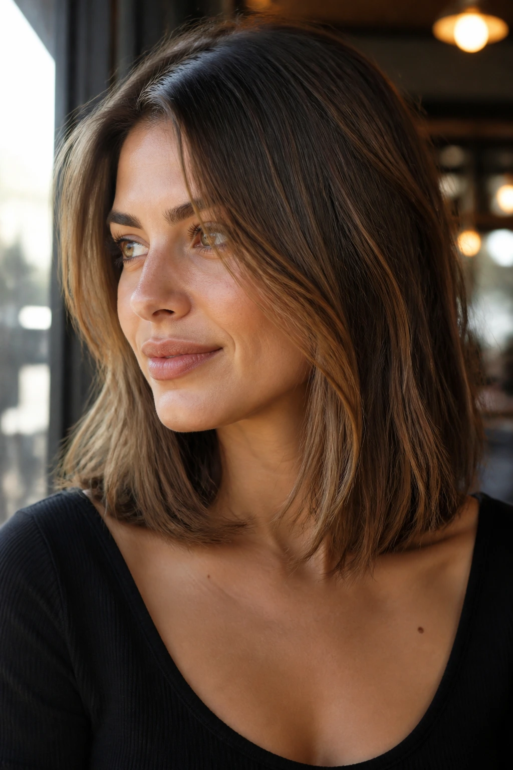 Close-up of a real woman with Collarbone Lob with Invisible Layers showing subtle interior layering.