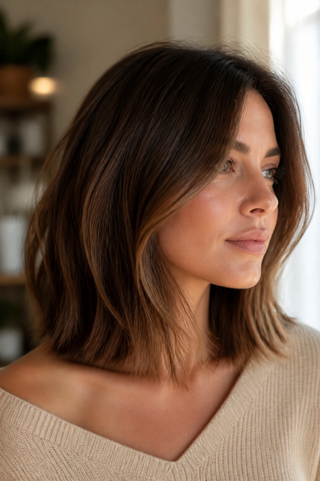 Close-up of real person with collarbone-length lob and hidden layers in warm window light