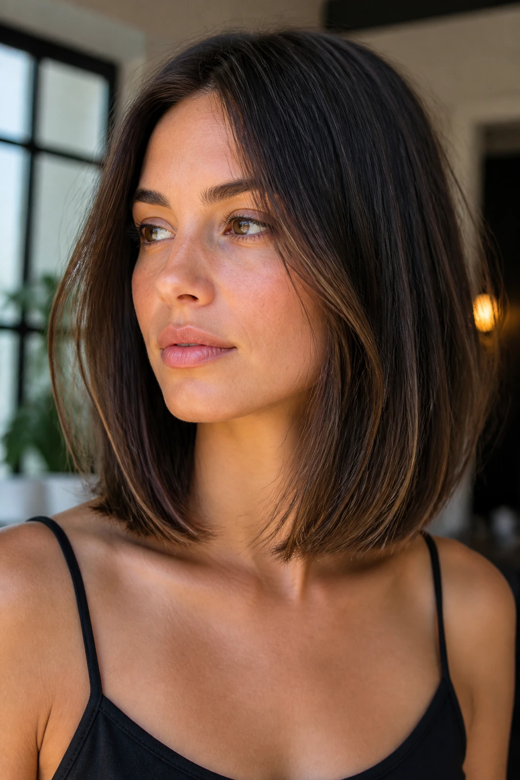 Portrait of a woman with a collarbone-length lob showing invisible layers.