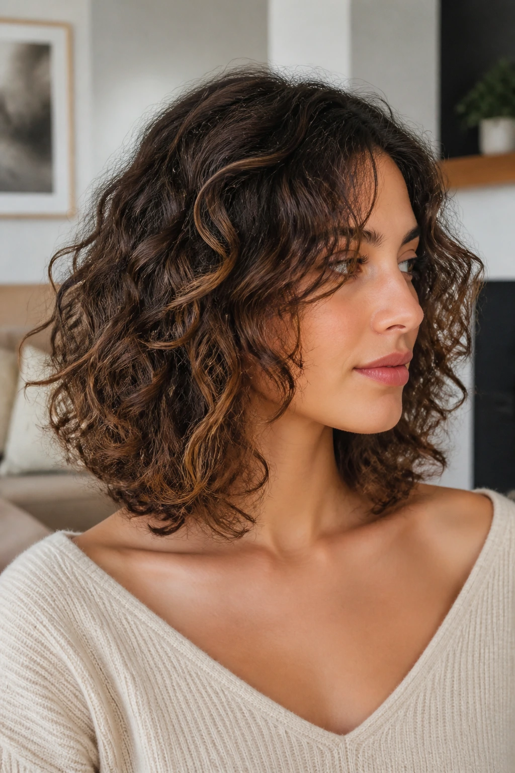 Close-up of a real woman with a collarbone-length lob and invisible layers