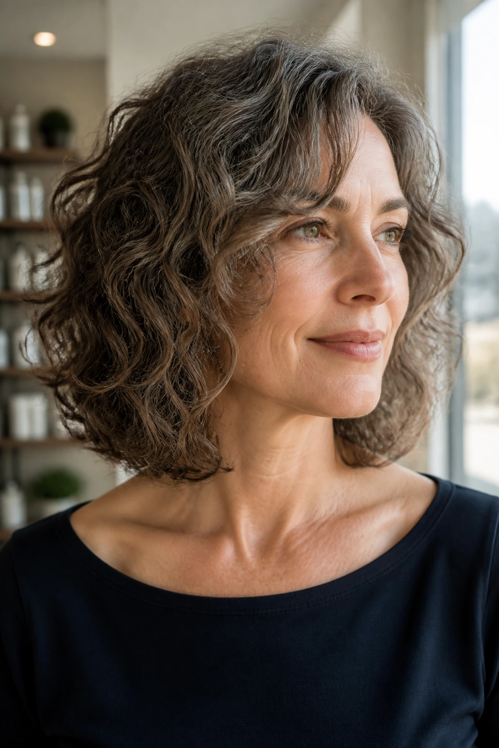 Close-up portrait of collarbone-length lob with invisible layers.