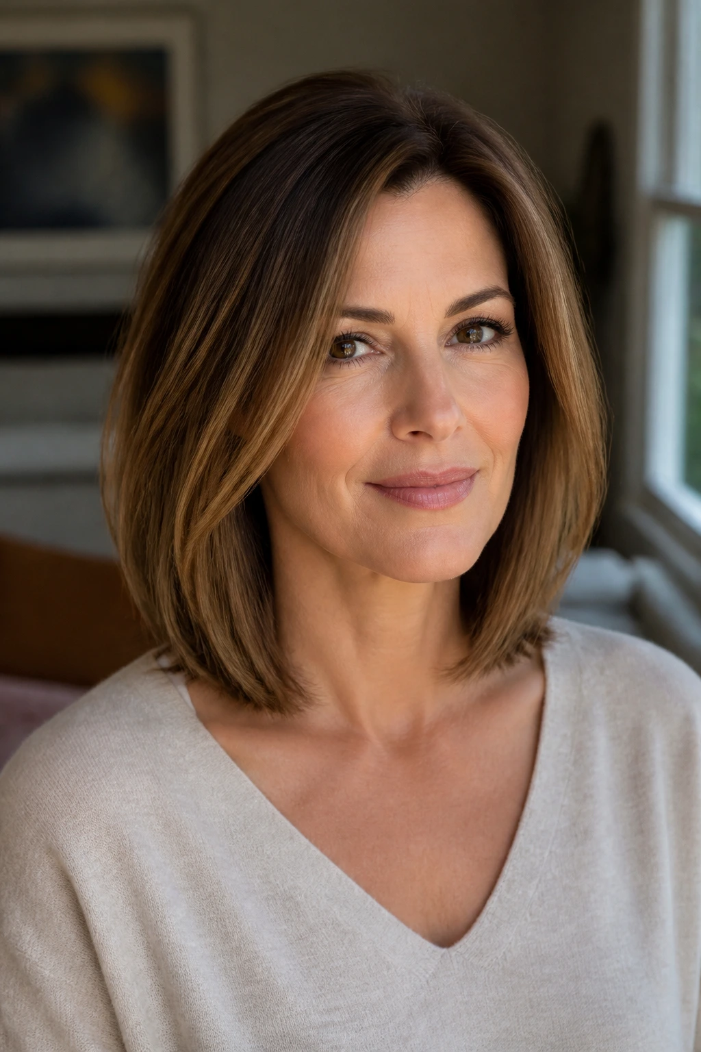 Real woman with collarbone-length lob and invisible layers in soft natural light
