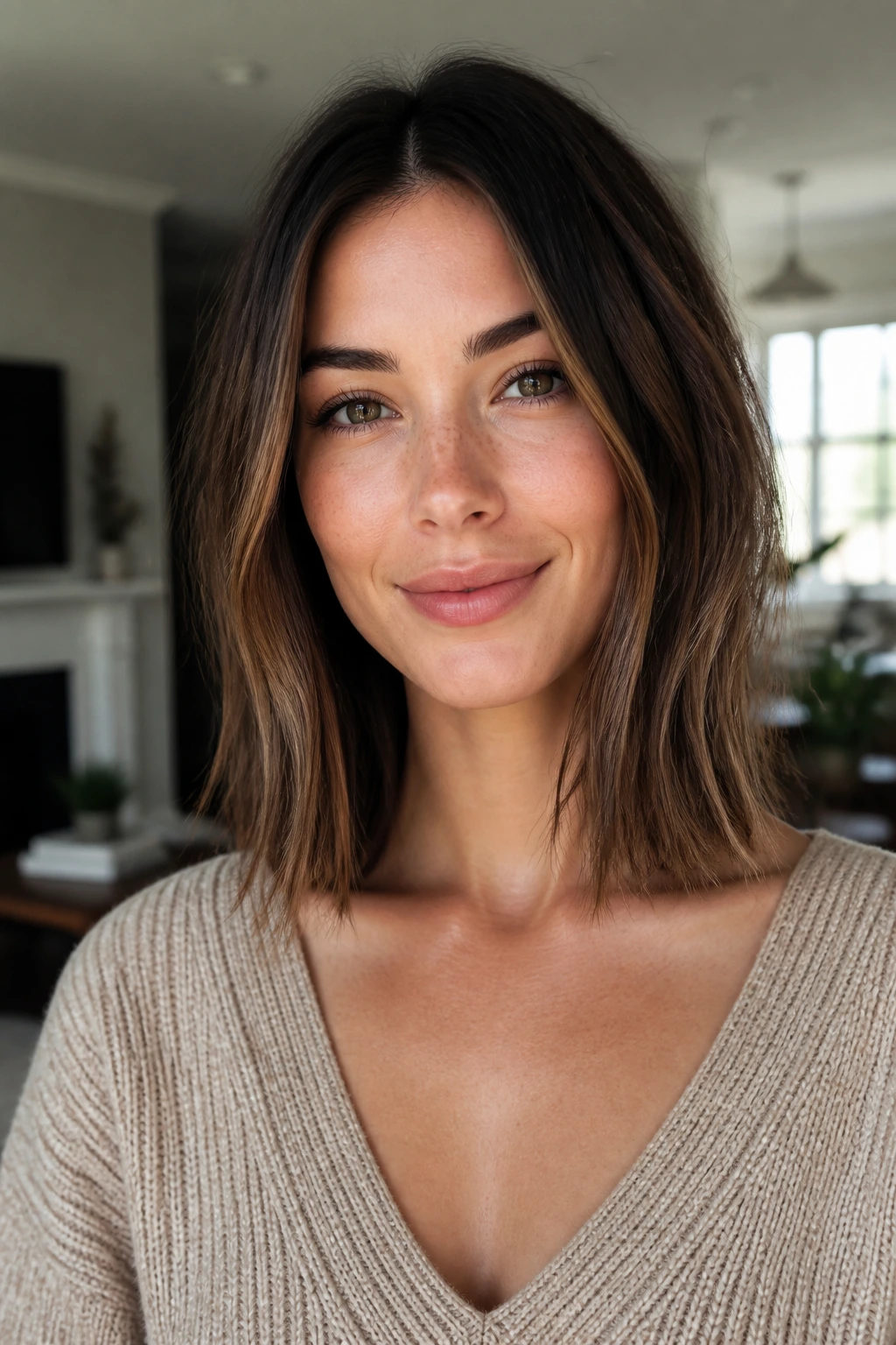 Close-up of a real woman with collarbone-length lob and subtle internal movement