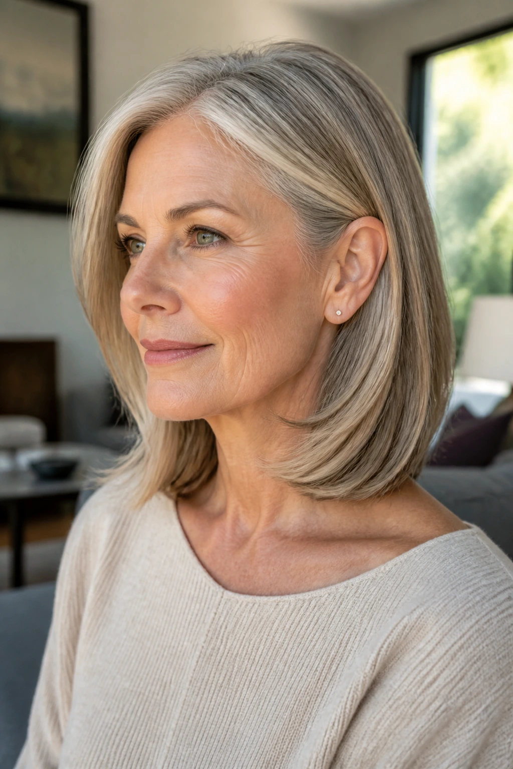 Portrait of a woman with collarbone-length lob and invisible layers