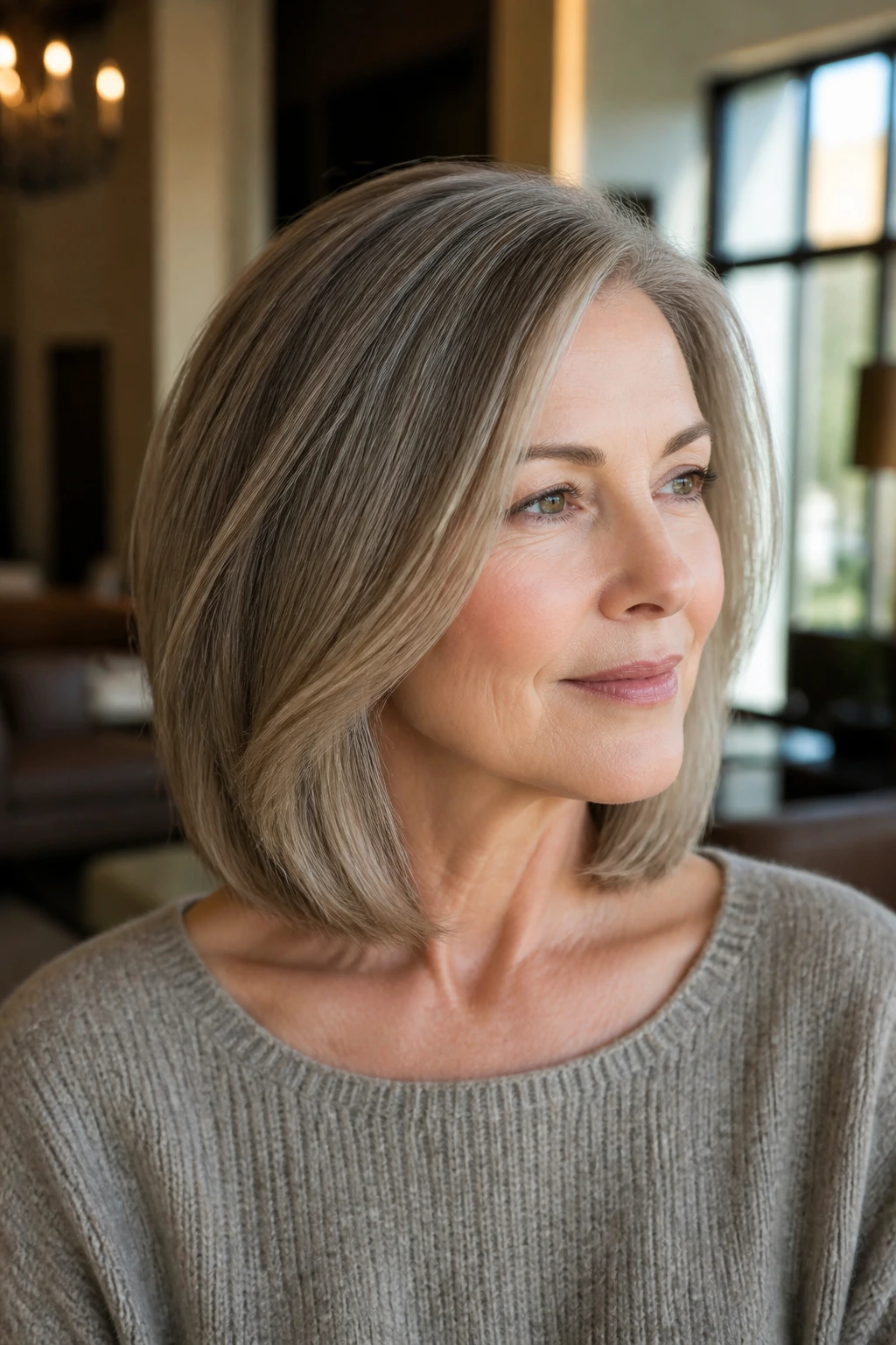 Real woman with collarbone-length lob and invisible layers