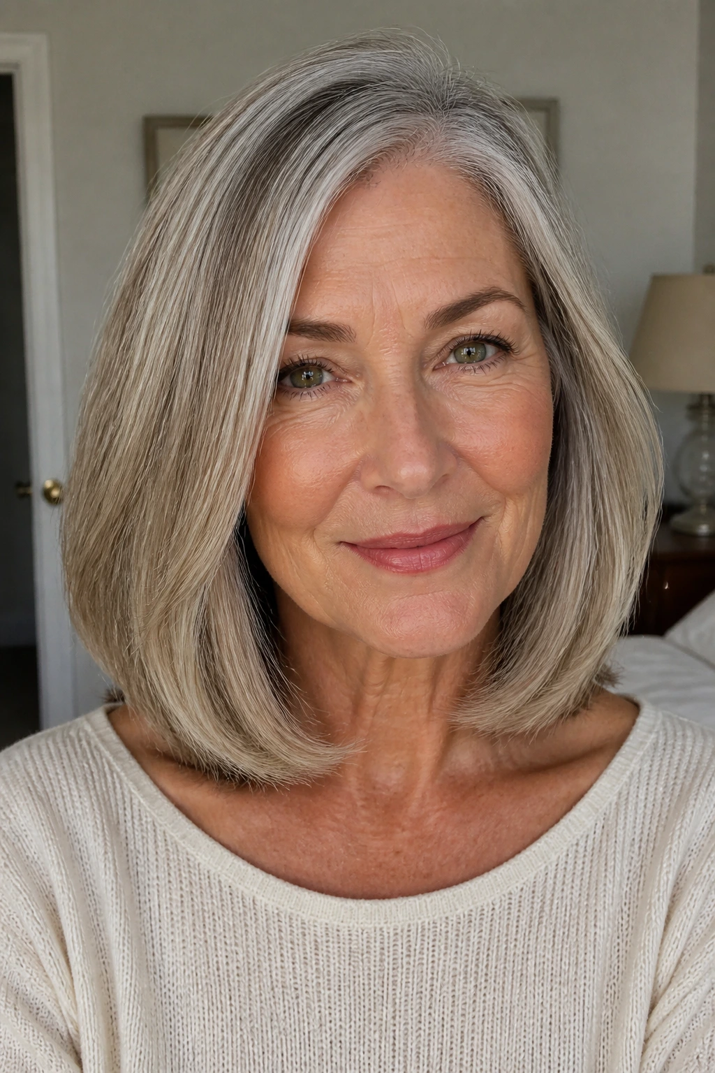 Mature woman with collarbone-length lob and invisible layers in a cozy setting