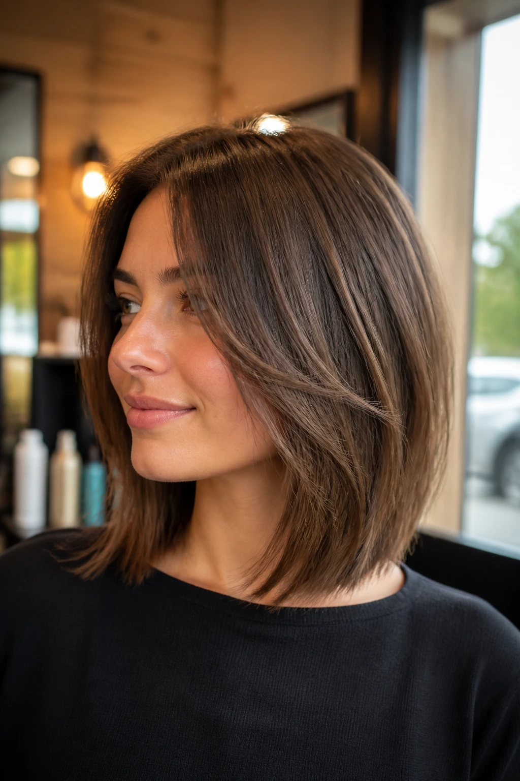 Close-up portrait of a real person with a collarbone-length lob featuring invisible layers