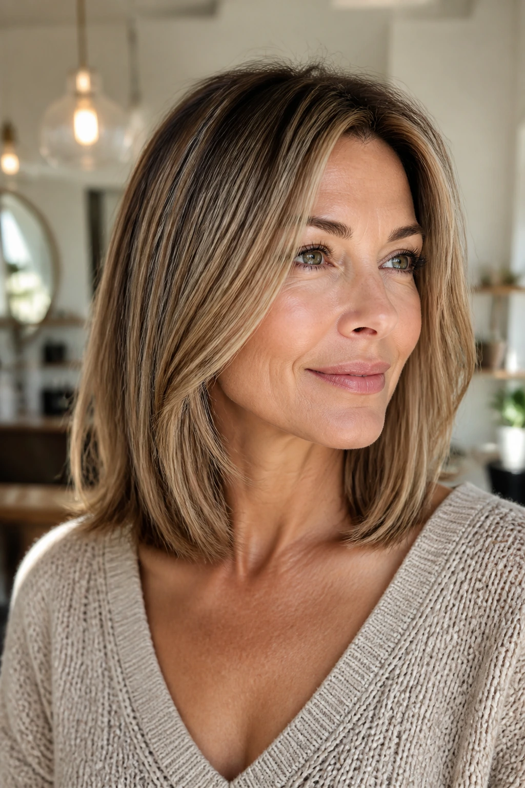 Close-up of collarbone-length lob with invisible layers in natural light.