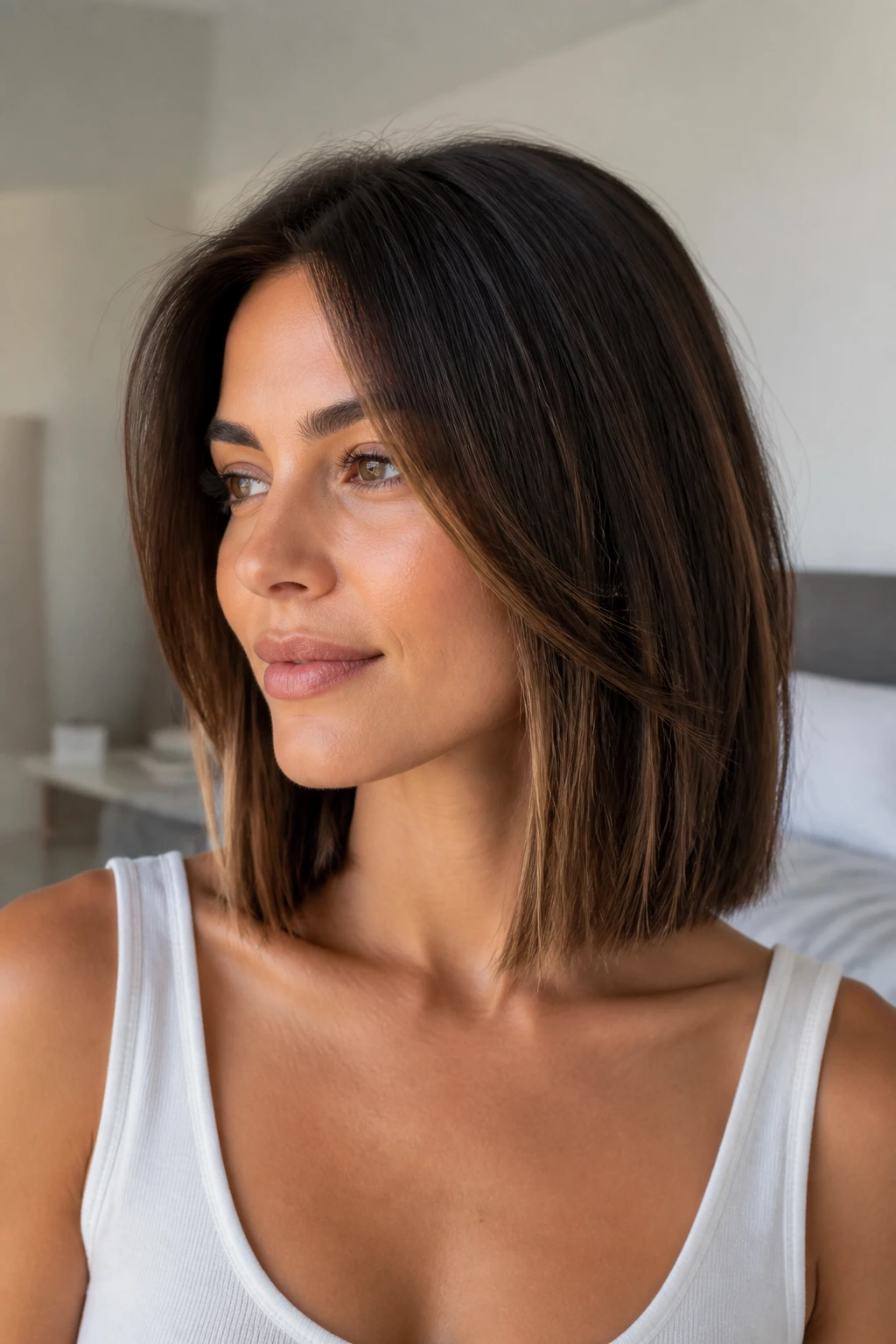 Close-up of collarbone-length lob with invisible layers on a real woman under window light